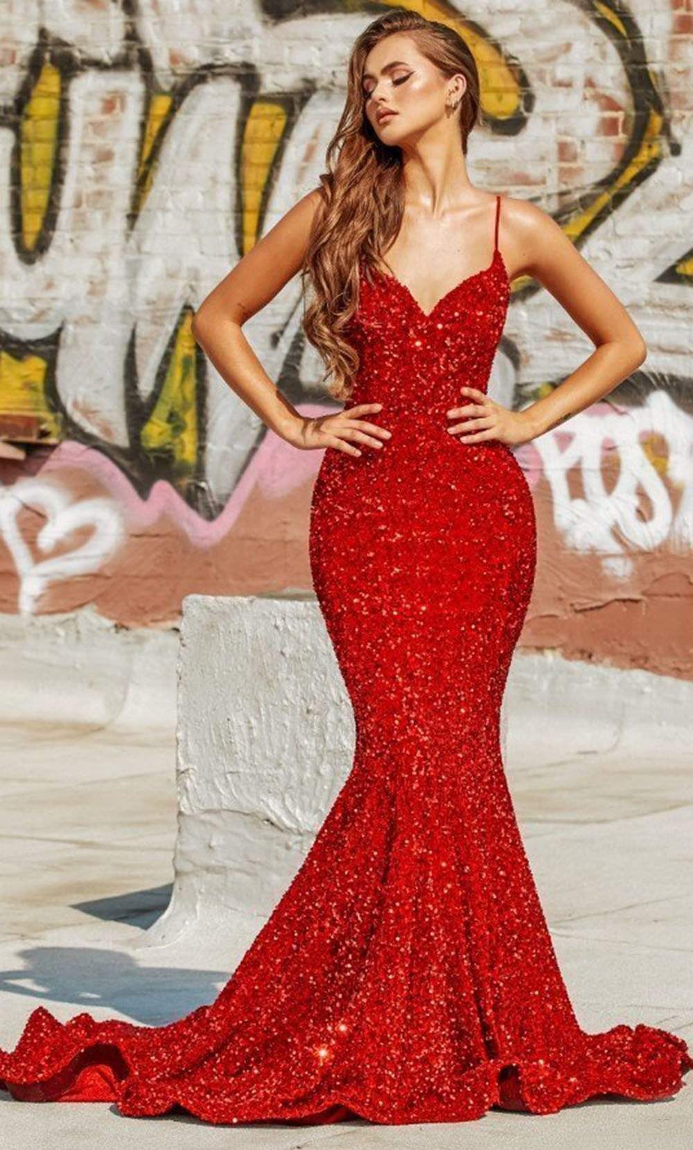 Portia and Scarlett - PS21207 Spaghetti Strap Sequin Mermaid Gown Prom Dresses 0 / Red