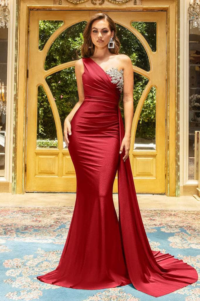Portia and Scarlett - PS21219 Embellished One Shoulder Trumpet Dress Bridesmaid Dresses 0 / Deep Red