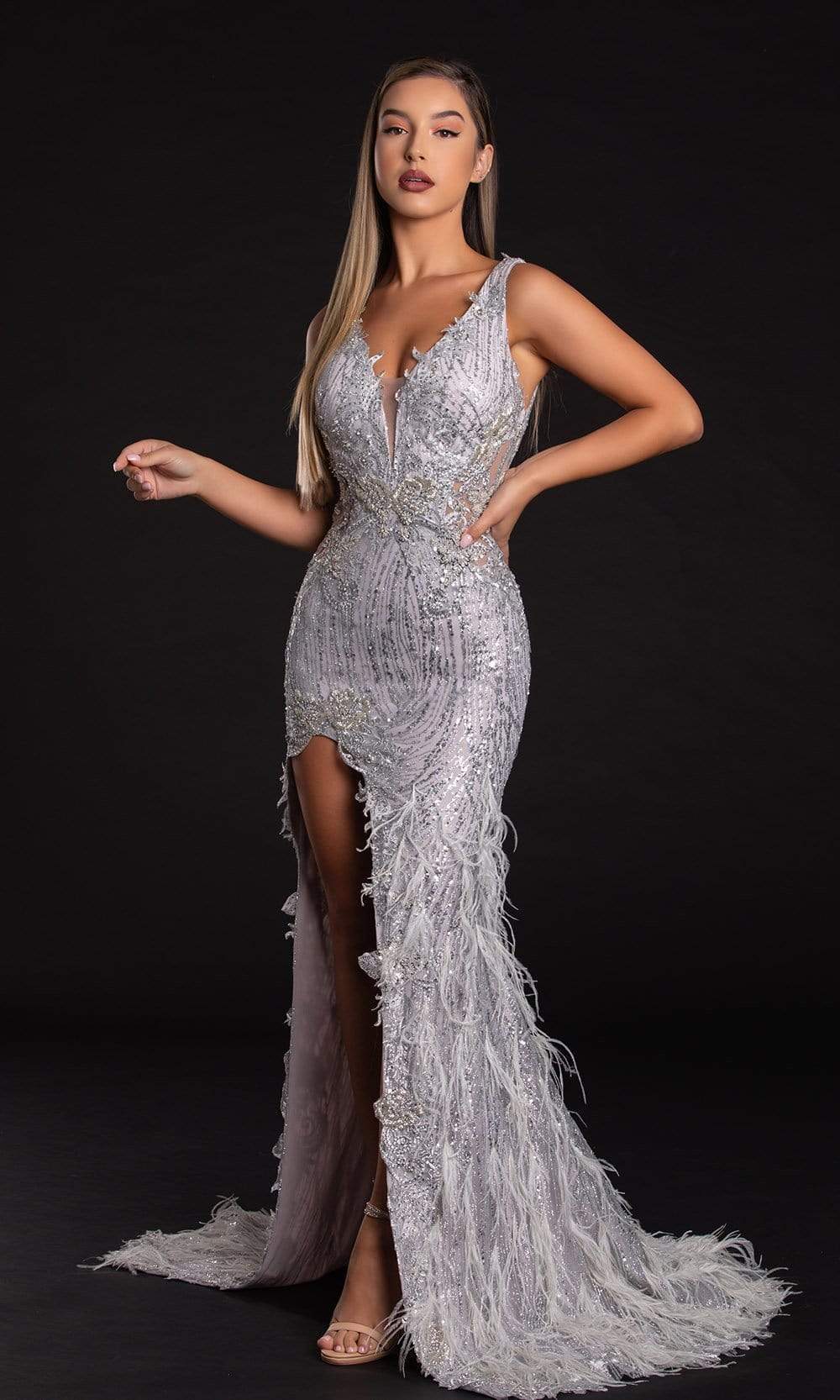 Portia and Scarlett - PS21228 Sequined Plunging V Neck Fringe Dress Prom Dresses 0 / Silver