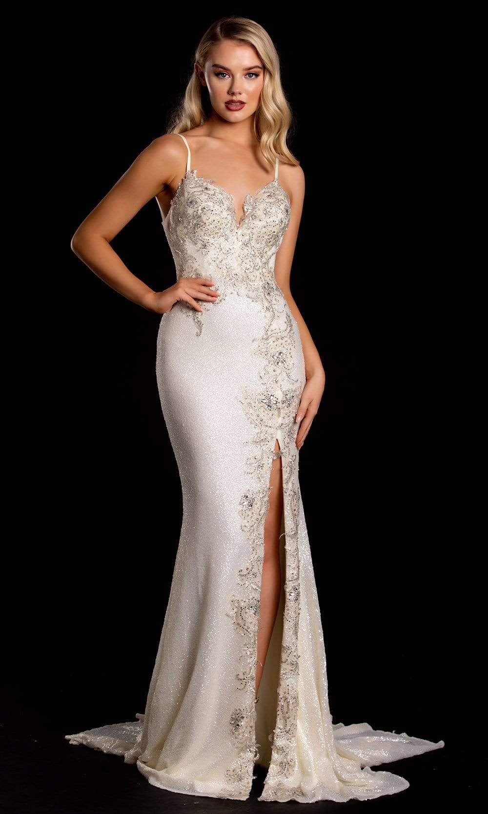 Portia and Scarlett - PS21237 Beaded Backless High Slit Gown Evening Dresses 0 / Cream