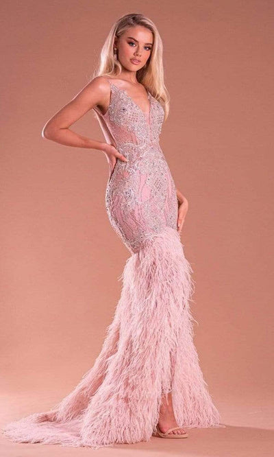 Portia and Scarlett - PS21247 Plunging Neck Feathered Dress Evening Dresses 0 / Pink