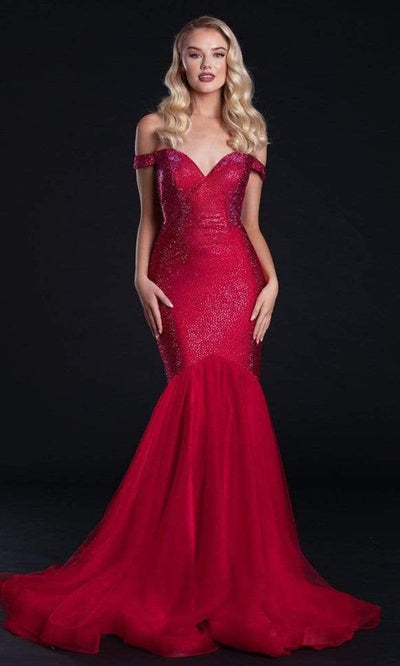 Portia and Scarlett - PS21251 Off Shoulder Glittered Trumpet Gown Evening Dresses 0 / Red