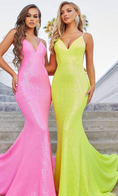 Portia and Scarlett - PS21287 V-Neck Open Back Paillette Sequin Gown Prom Dresses 0 / Hot Pink