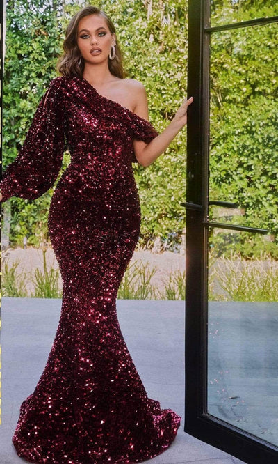 Portia and Scarlett - PS22014 Sequined Asymmetric Neck Mermaid Gown Prom Dresses 0 / Deep Red
