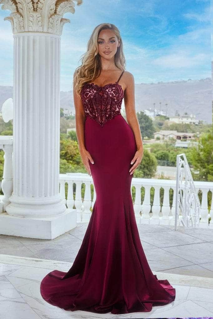 Portia and Scarlett - PS22162 Illusion Corset Bodice Mermaid Gown Prom Dresses 0 / Deep Red