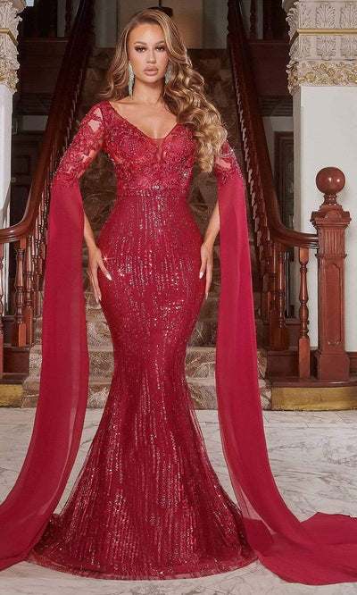 Portia and Scarlett - PS22168 Bat Sleeved Embellished Mermaid Gown Prom Dresses 0 / Deep Red
