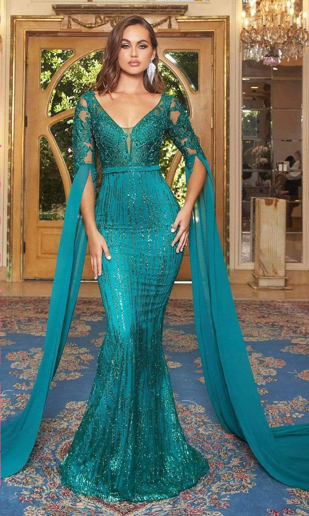 Portia and Scarlett Ps22168 - Long Mermaid Dress - Embroidery, Beaded, Partially Sheer Bodice, Fit And Flare, Floor Length Bat Sleeves, Back Zipper Closure ADASA Portia and Scarlett Ps22168 - Long Mermaid Dress - Embroidery, Beaded, Partially Sheer Bodice, Fit And Flare, Floor Length Bat Sleeves, Back Zipper Closure ADASA