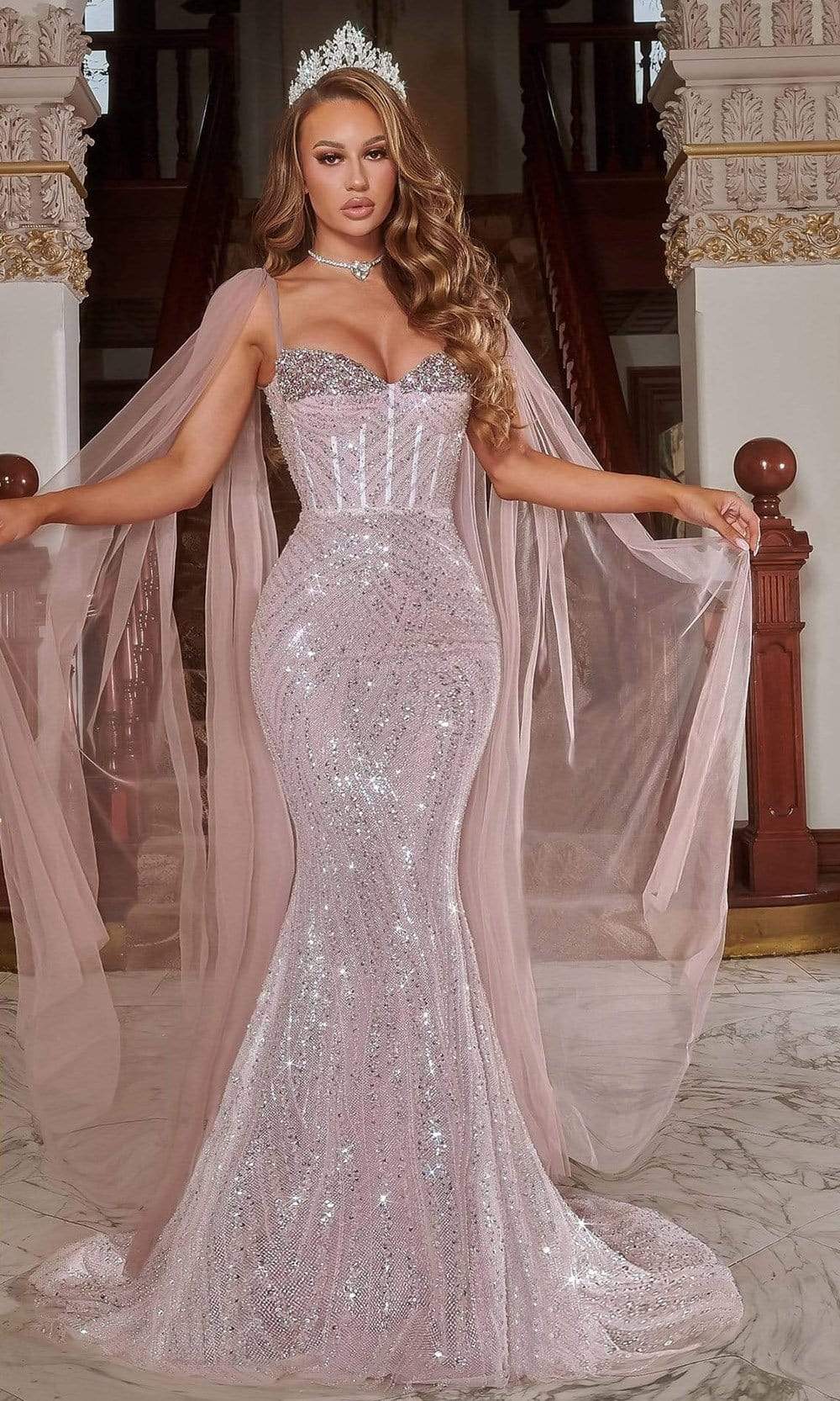 Portia and Scarlett - PS22181 Beaded Sweetheart Mermaid Gown With Cape Prom Dresses 0 / Pink