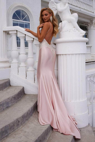 Portia and Scarlett - PS22185 Beaded Applique Open Back Satin Gown Prom Dresses
