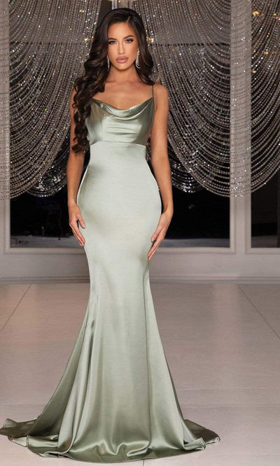 Portia and Scarlett - PS22225 Cowl Neck Ribbon Accent Trumpet Gown Prom Dresses In Green