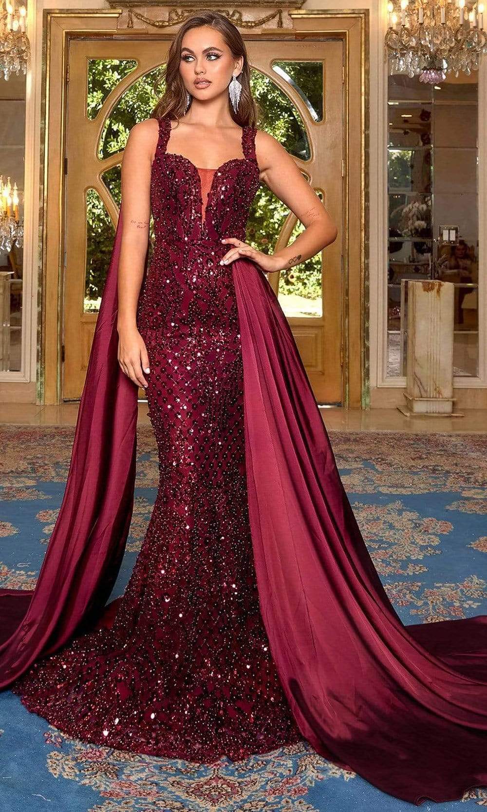 Portia and Scarlett - PS22271 Sleeveless Draped Overlay Sequin Gown Prom dresses 0 / Deep Red