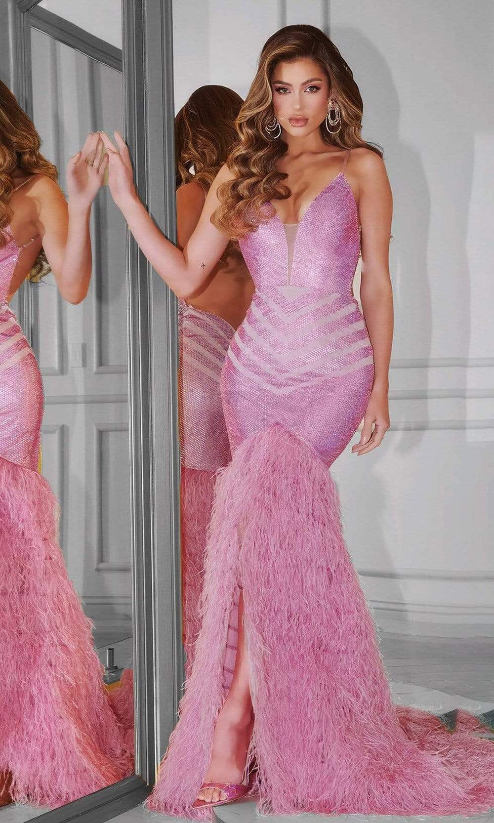 Portia and Scarlett - PS22336 Sequined Feather Fringed Mermaid Gown Prom Dresses 0 / Pink