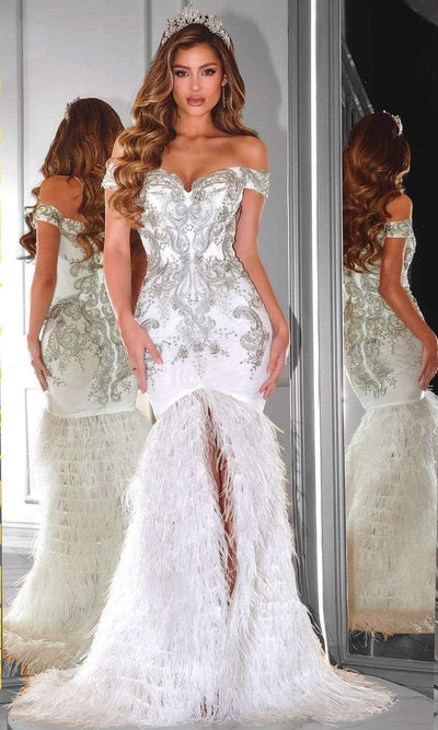 Portia and Scarlett - PS22341 Off-Shoulder Feather Fringe Mermaid Gown Prom Dresses 0 / Ivory