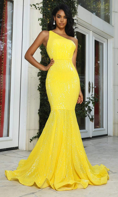 Portia and Scarlett - Ps22349 Sequin One Shoulder Gown Special Occasion Dress 18 / Hot Yellow