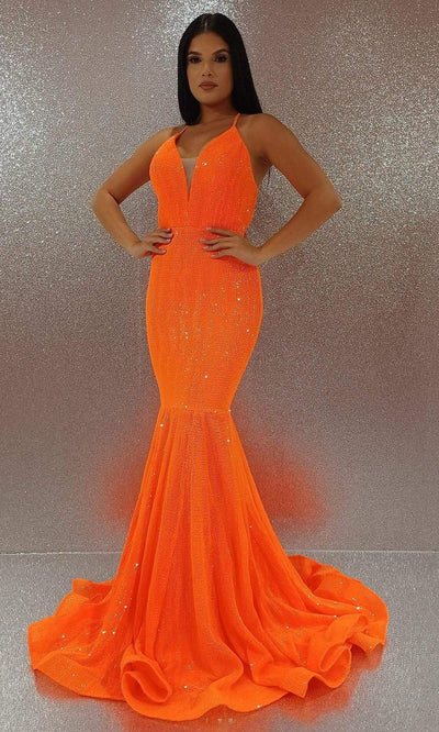 Portia and Scarlett - PS22351 Sheer Plunge V-Neck Sparkly Mermaid Gown Prom Dresses 0 / Hot Orange