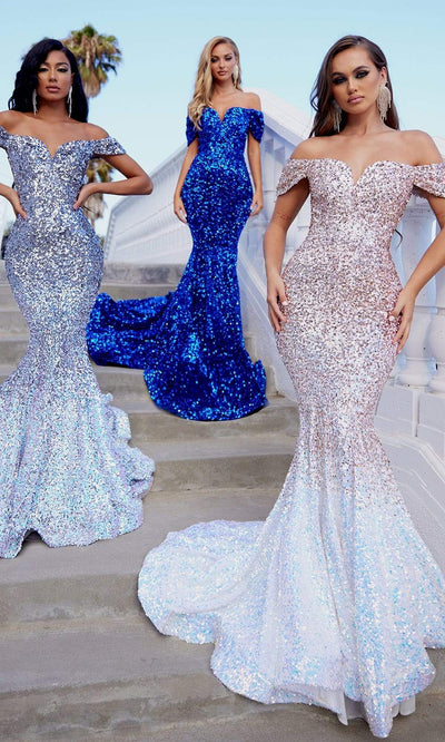 Portia and Scarlett - Ps22353 Draped Off Shoulder Sequin Gown Special Occasion Dress 18 / Cobalt