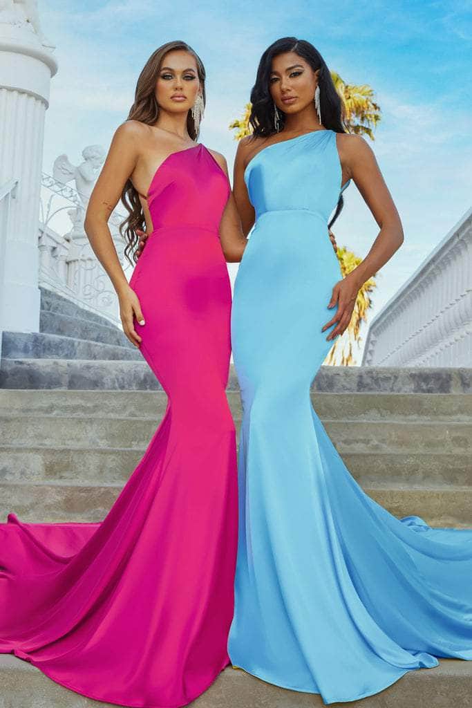 Portia and Scarlett - PS22358 Asymmetric Neck Trumpet Gown With Train Prom Dresses 0 / Blue