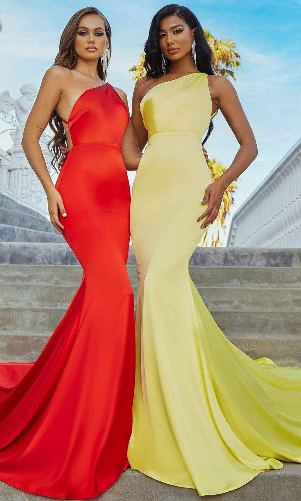 Portia and Scarlett - PS22358 Asymmetric Neck Trumpet Gown With Train Prom Dresses 0 / Red