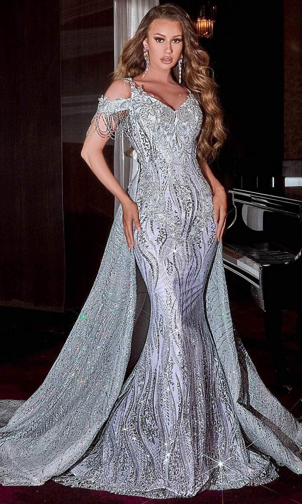 Portia and Scarlett PS22379 - Embroidered Deep V-neck Long Gown Special Occasion Dress 0 / Silver