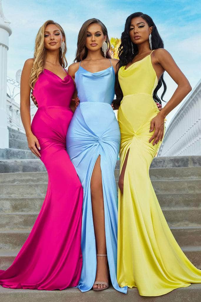 Portia and Scarlett - PS22385 Cowl Neckline Hight Slit Fitted Gown Evening Dresses 0 / Pink