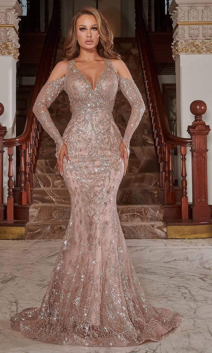 Portia and Scarlett - Deep V-Neck Trumpet Prom Gown PS22909 In Pink