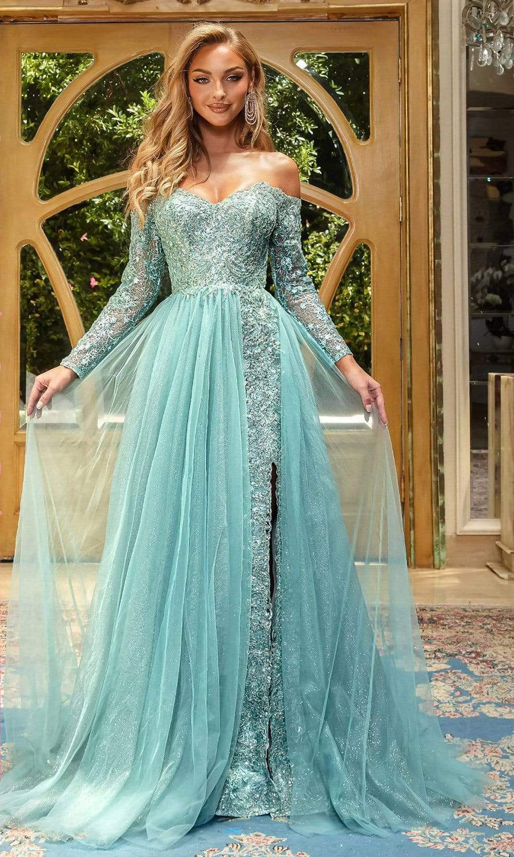 Portia and Scarlett - PS22924 Off Shoulder Goddess A-Line Gown Prom Dresses 0 / Seafoam