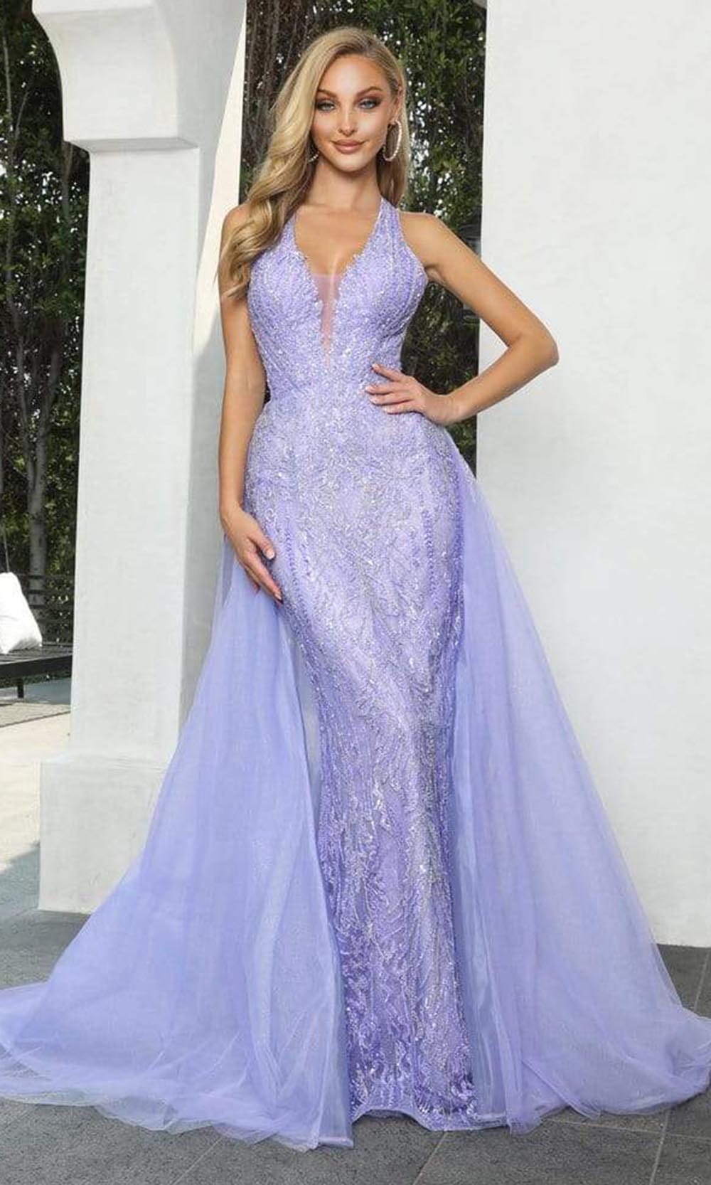 Portia and Scarlett - Ps22926 Halter V Neck Beaded Prom Gown Special Occasion Dress 18 / Lilac