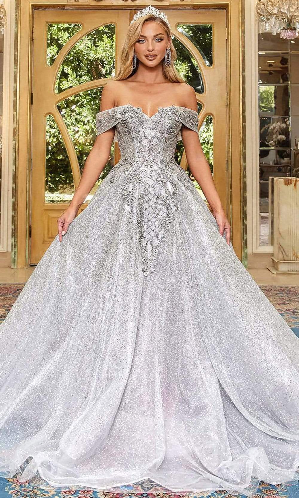 Portia and Scarlett - PS22953 Voluminous Glittered A-Line Gown Prom Dresses 0 / Silver
