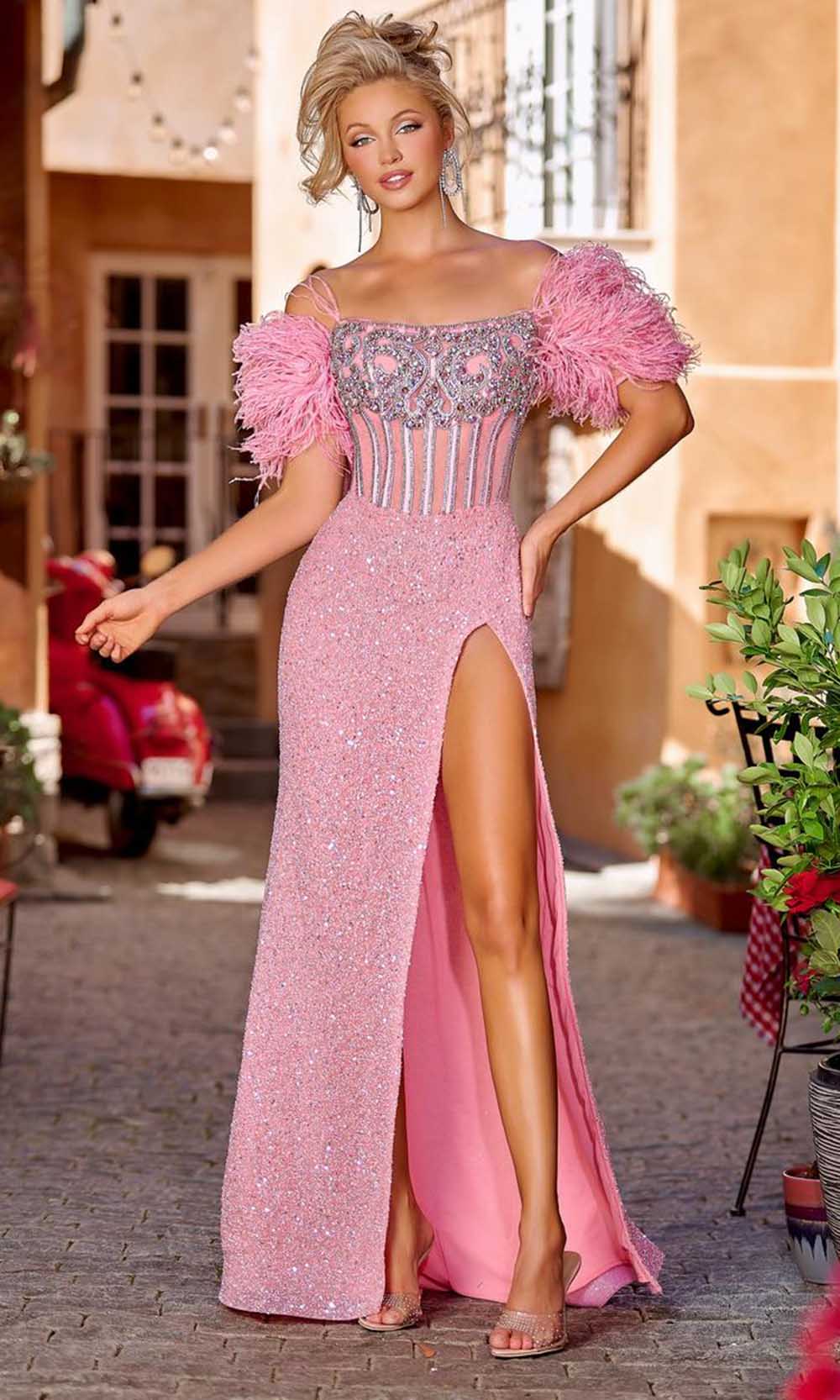 Portia and Scarlett PS23741C - Feathered Sequin Prom Gown Special Occasion Dress 00 / Pink