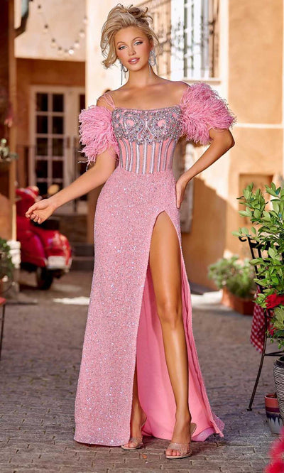 Portia and Scarlett PS23741C - Feathered Sequin Prom Gown Special Occasion Dress 00 / Pink