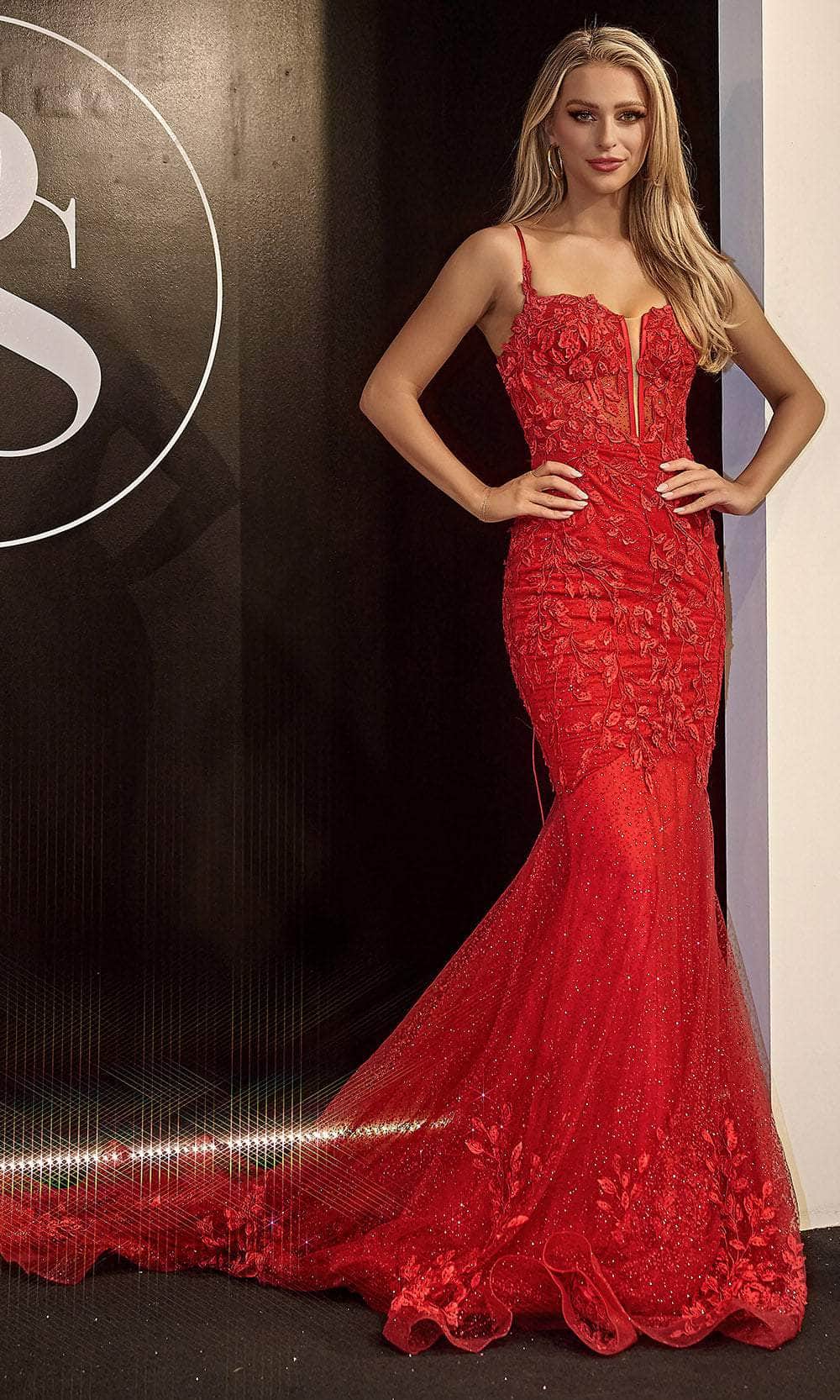 Portia and Scarlett PS24252 - Applique Trumpet Prom Dress Special Occasion Dress 00 /  Red
