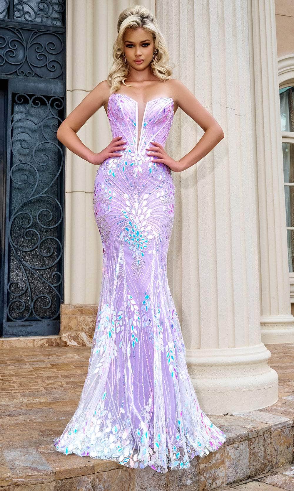 Portia and Scarlett PS24316 - Beaded V-Neck Prom Gown Special Occasion Dress 00 /  Pink-Multi
