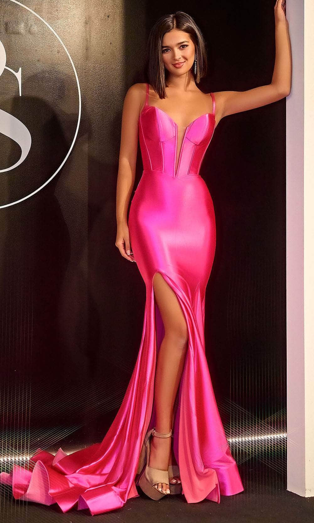 Portia and Scarlett PS24403 - V-Neck Bustier Prom Gown Special Occasion Dress 00 /  Hot-Pink