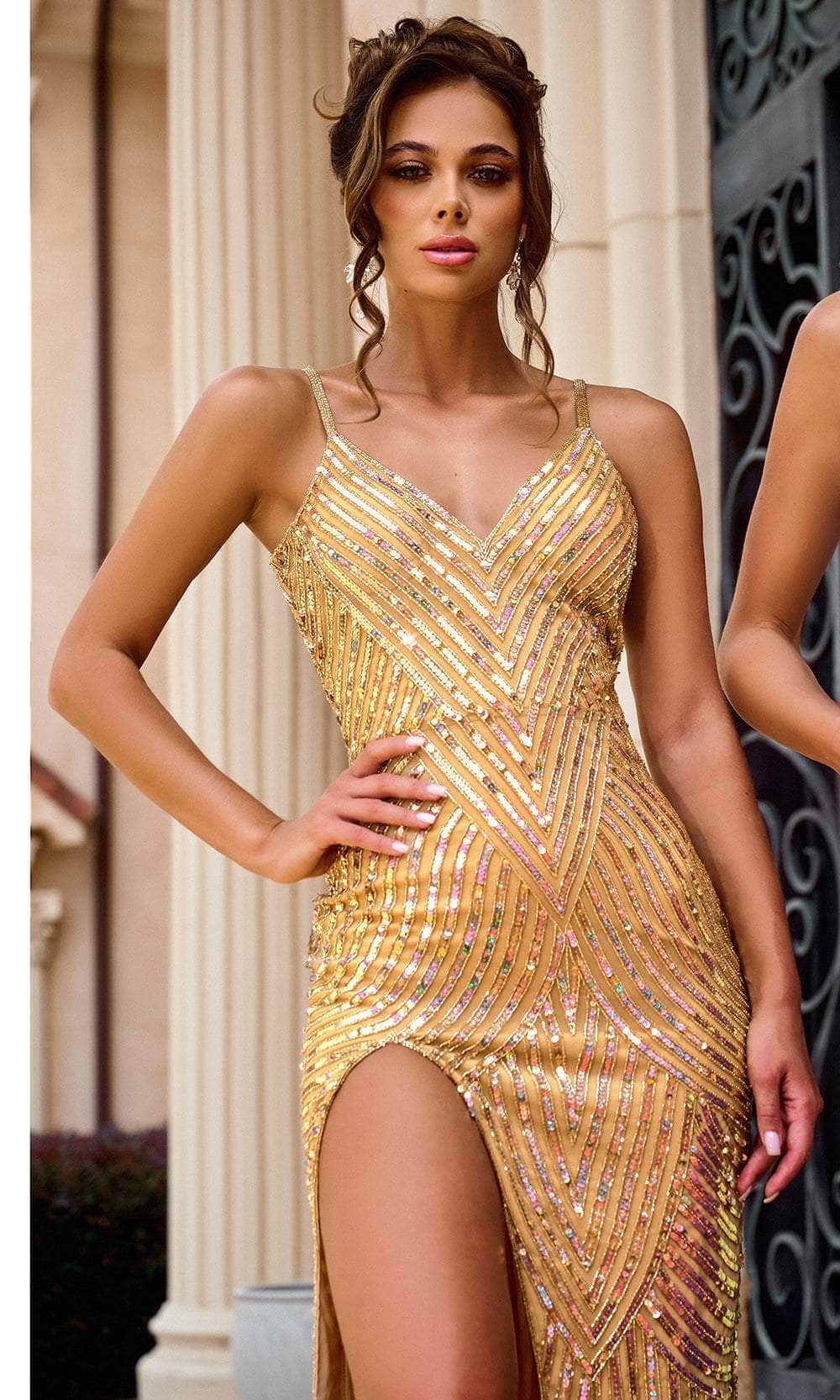 Portia and Scarlett PS24816X - Long Sheath Dress - Spaghetti Straps, Geometric Sequins, V-Open Back, Concealed Zipper Closure, High Slit, Sweep Train Portia and Scarlett PS24816X - Long Sheath Dress - Spaghetti Straps, Geometric Sequins, V-Open Back, Concealed Zipper Closure, High Slit, Sweep Train