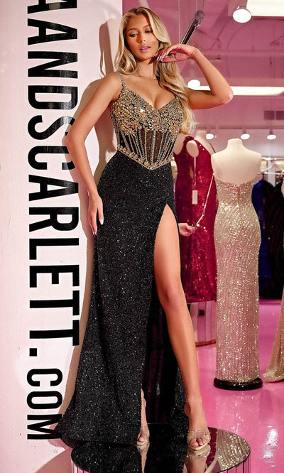 Portia and Scarlett PS24872C - Beaded Strap V-Neck Prom Gown Special Occasion Dress 00 /  Black-Gold