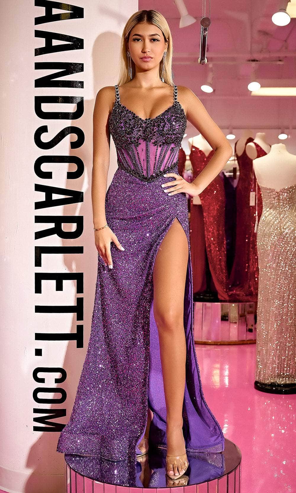 Portia and Scarlett PS24872C - Beaded Strap V-Neck Prom Gown Special Occasion Dress 00 /  Purple