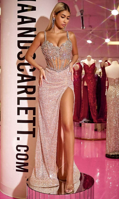 Portia and Scarlett PS24872C - Beaded Strap V-Neck Prom Gown Special Occasion Dress 00 /  Silver-Nude