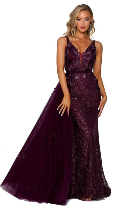 Portia and Scarlett - PS6014 Glitter Gown With Tulle Overskirt Prom Dresses 0 / Plum