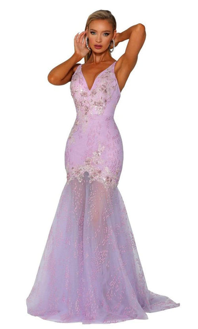 Portia and Scarlett - PS6016 Embroidered Plunging V-Neck Trumpet Dress Prom Dresses 0 / Lilac