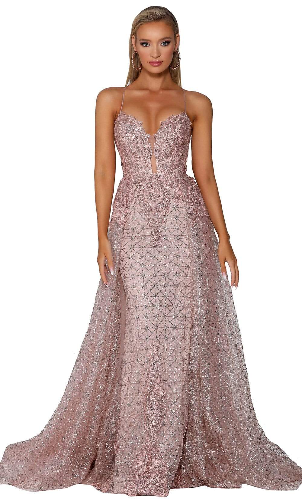 Portia and Scarlett - PS6022 Lace-Up Open Back Glitter Overskirt Gown Prom Dresses 0 / Rose Gold