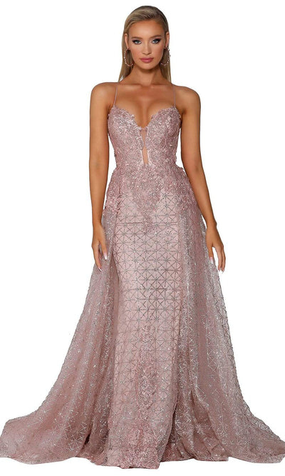 Portia and Scarlett - PS6022 Lace-Up Open Back Glitter Overskirt Gown Prom Dresses 0 / Rose Gold