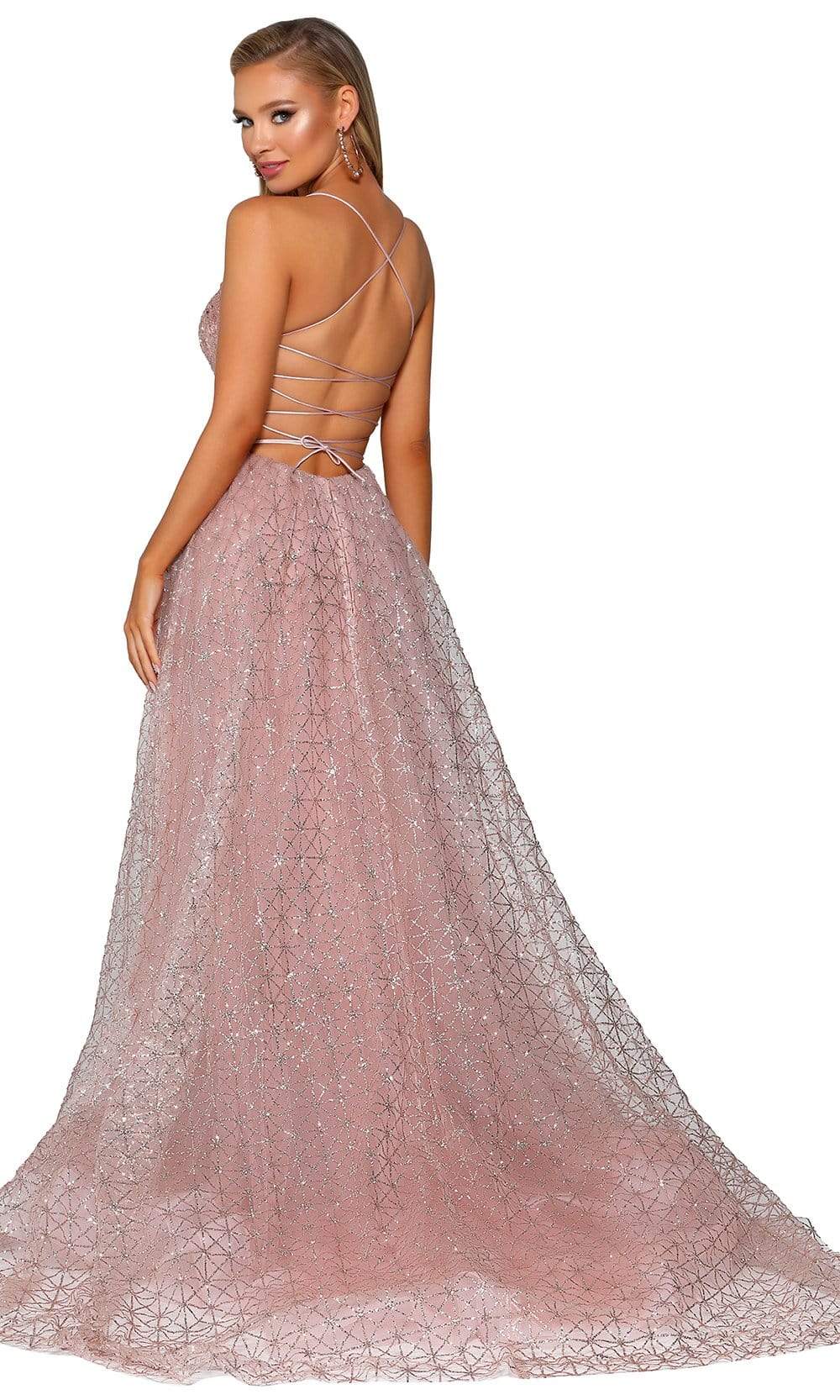 Portia and Scarlett - PS6022 Lace-Up Open Back Glitter Overskirt Gown Prom Dresses