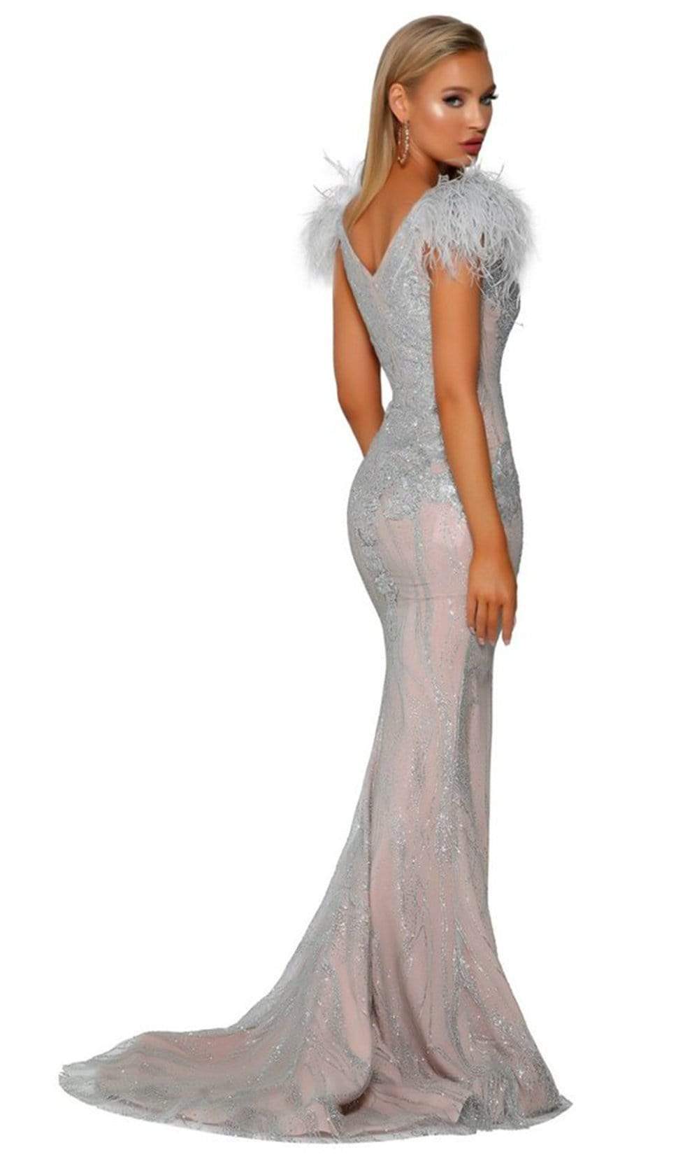 Portia and Scarlett - PS6072 V Neck Glitter Lace Feather Accent Gown Prom Dresses