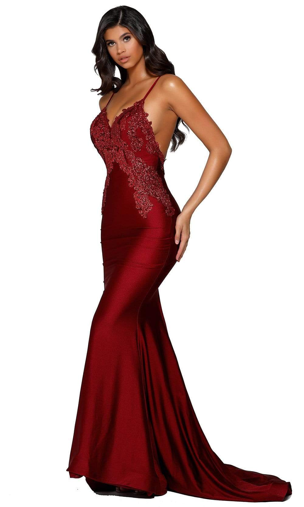 Portia and Scarlett - PS6303 Lace Appliqued Sleeveless Evening Gown Evening Dresses 0 / Deep Red