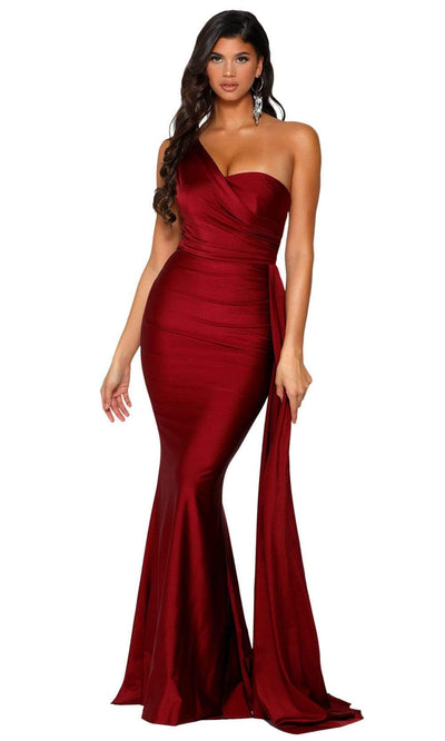Portia and Scarlett - PS6321 One Shoulder Fitted Evening Gown Evening Dresses 0 / Deep Red