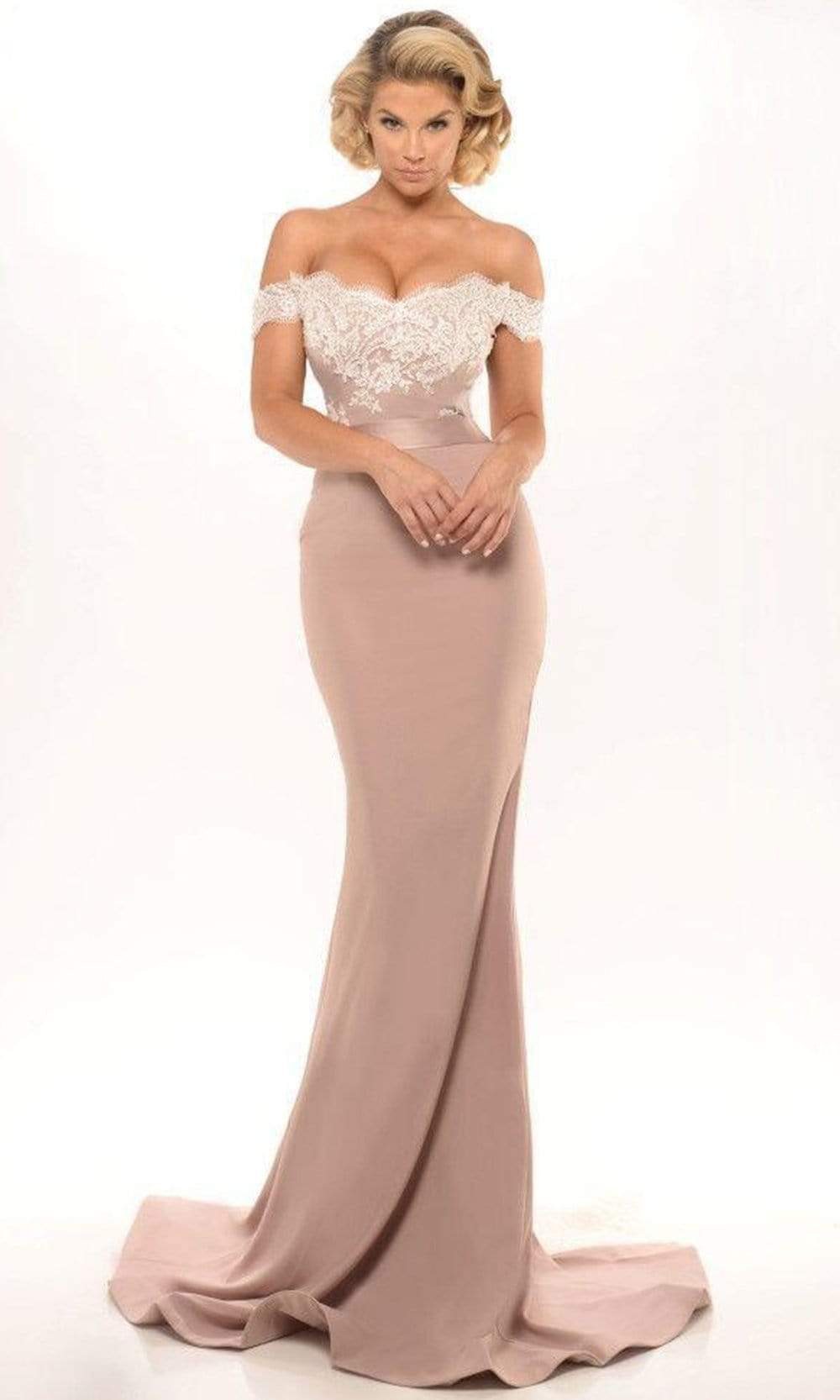 Portia and Scarlett - Sienna Classic Lace Dress With Train Evening Dresses 0 / Stone