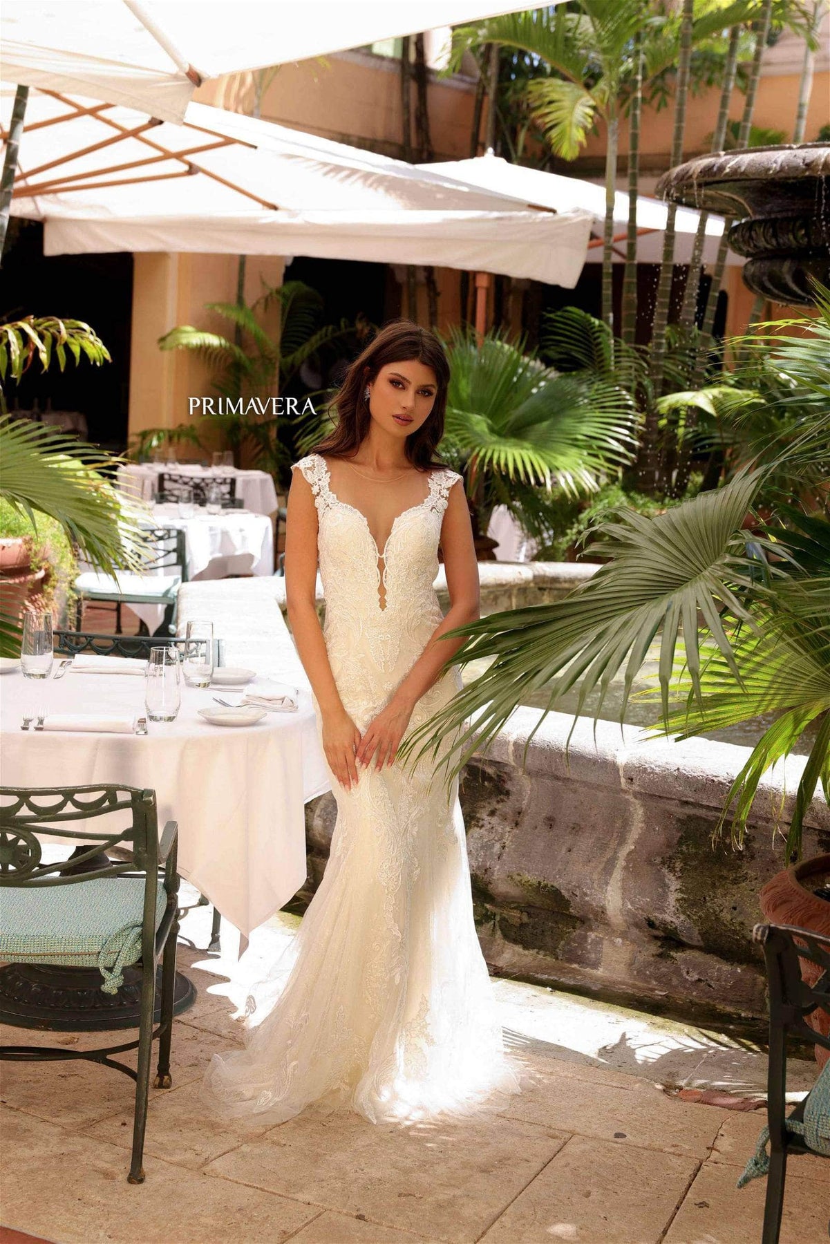Primavera Bridal 11133 - Plunging Neck Lace Applique Dress Special Occasion Dress