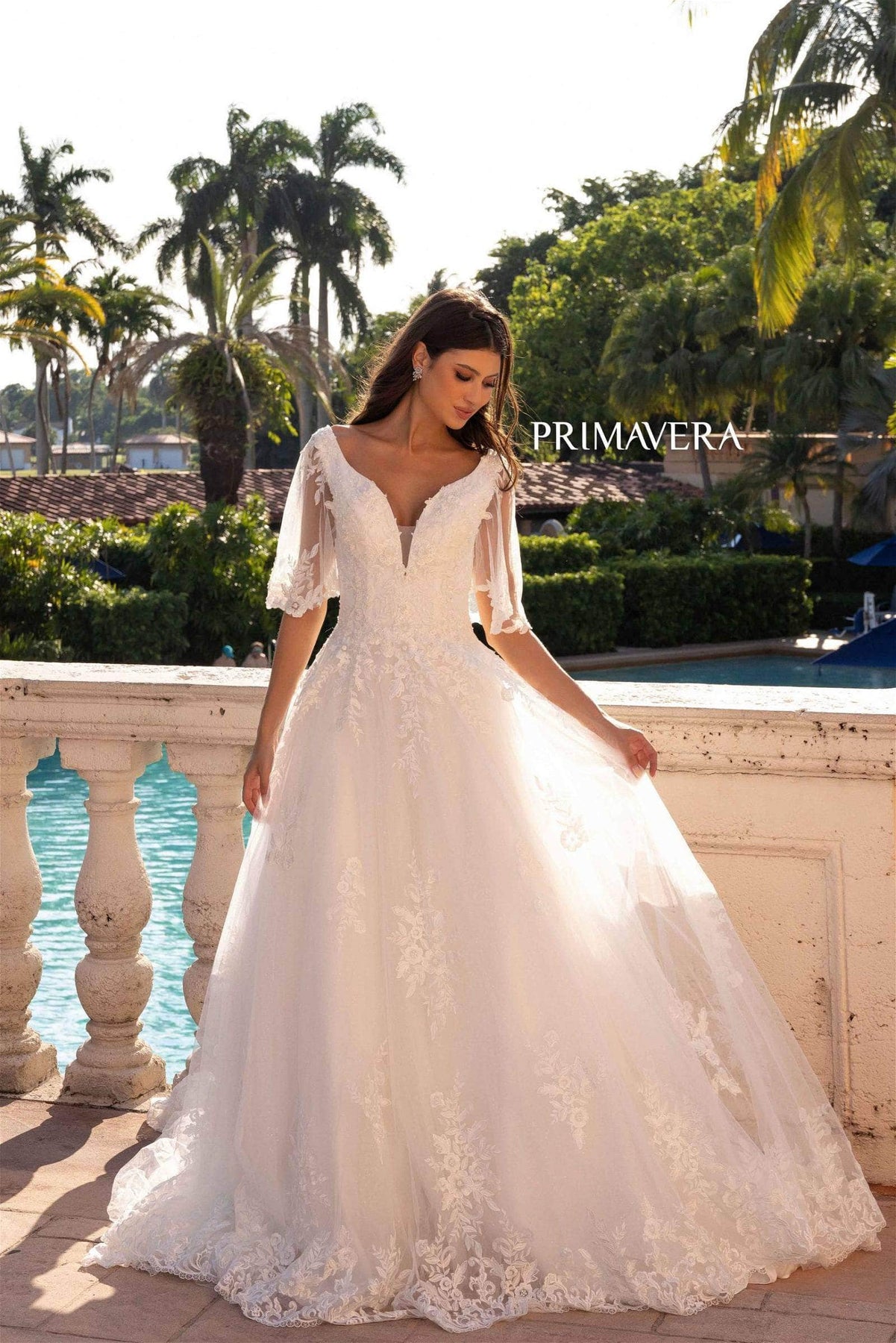 Primavera Bridal 11134 - Flutter Sleeve Plunging Neck Dress Special Occasion Dress