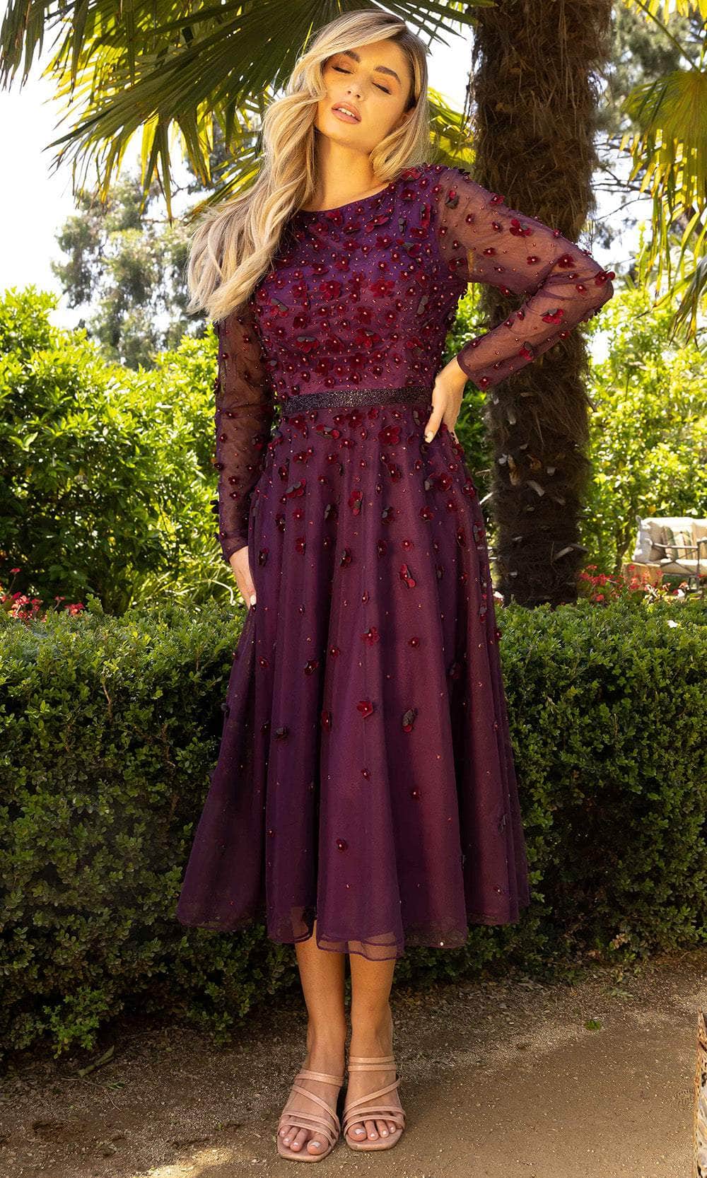 Primavera Couture 11072 - Embellished Long Sleeve Tea Length Dress Special Occasion Dress 2 / Aubergine