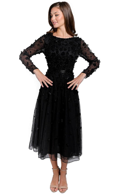 Primavera Couture 11072 - Embellished Long Sleeve Tea Length Dress Special Occasion Dress 2 / Black Multi